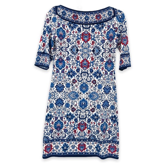 Max Studio Size Small Floral Print Boatneck Half Sleeve Jersey Shift Dress - Picture 4 of 8